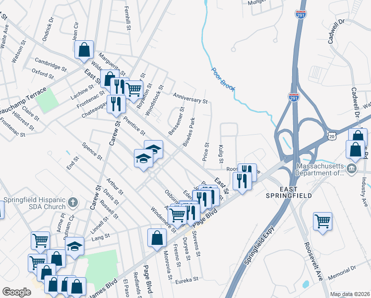 map of restaurants, bars, coffee shops, grocery stores, and more near 127 Bowles Park in Springfield