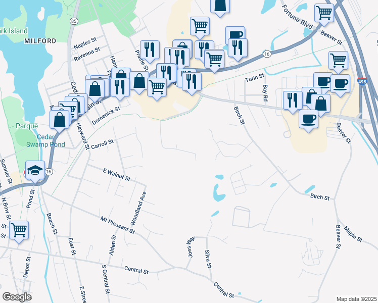 map of restaurants, bars, coffee shops, grocery stores, and more near 21 Ari's Way in Milford