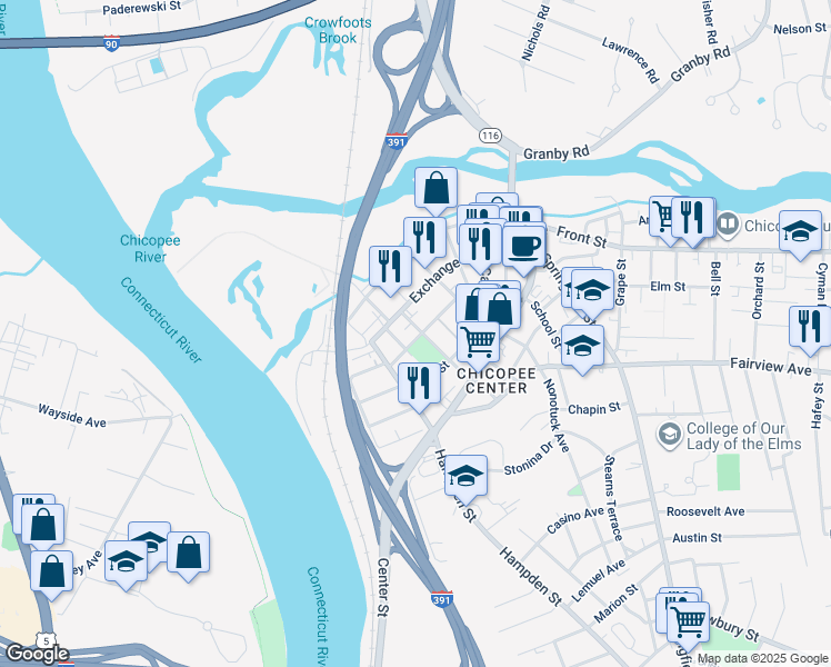 map of restaurants, bars, coffee shops, grocery stores, and more near 25 School Street in Chicopee
