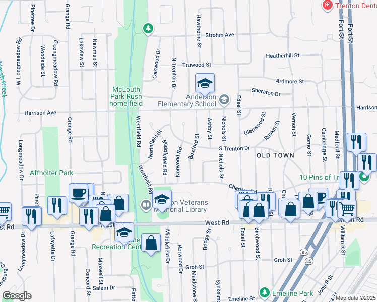 map of restaurants, bars, coffee shops, grocery stores, and more near 2434 Boxford Street in Trenton