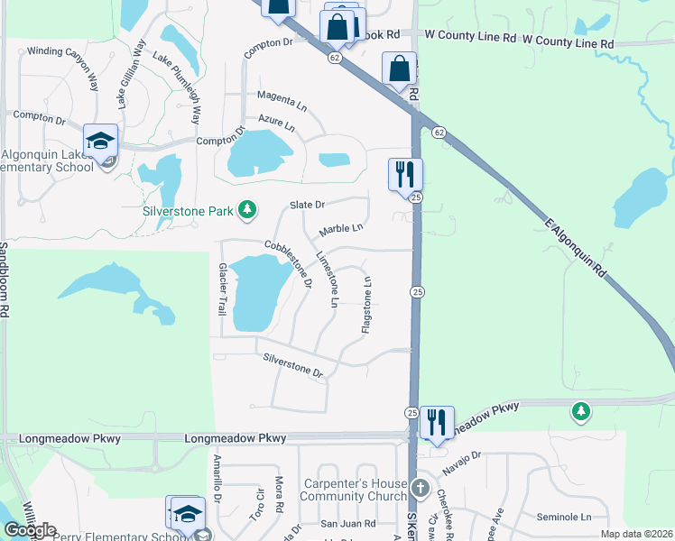 map of restaurants, bars, coffee shops, grocery stores, and more near 2078 Limestone Lane in Carpentersville