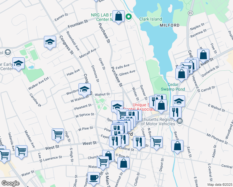 map of restaurants, bars, coffee shops, grocery stores, and more near 12 Walnut Street in Milford