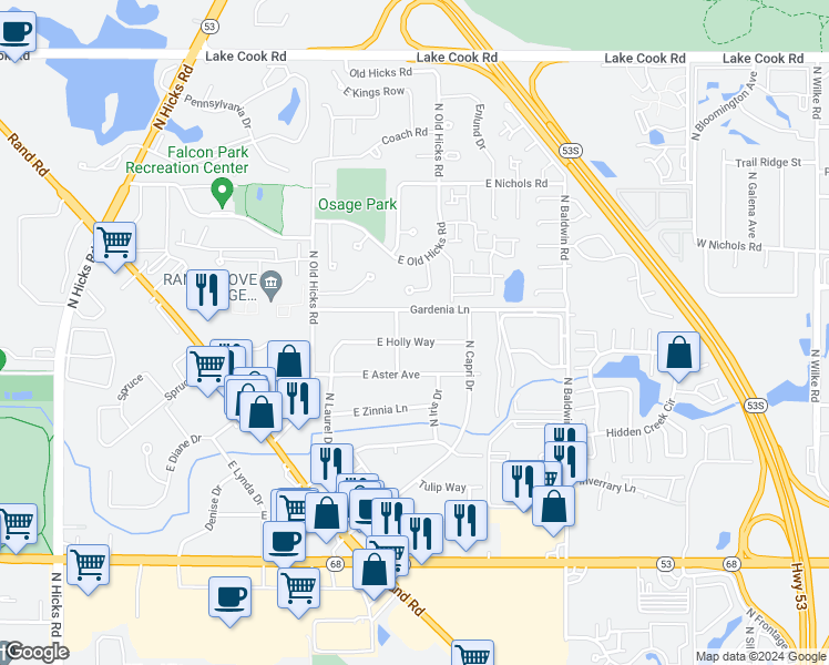 map of restaurants, bars, coffee shops, grocery stores, and more near 910 East Holly Way in Palatine