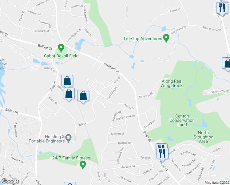 map of restaurants, bars, coffee shops, grocery stores, and more near 71 Shaw Farm Road in Canton