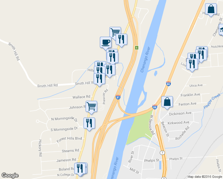 map of restaurants, bars, coffee shops, grocery stores, and more near 34 Prescott Rd in Binghamton