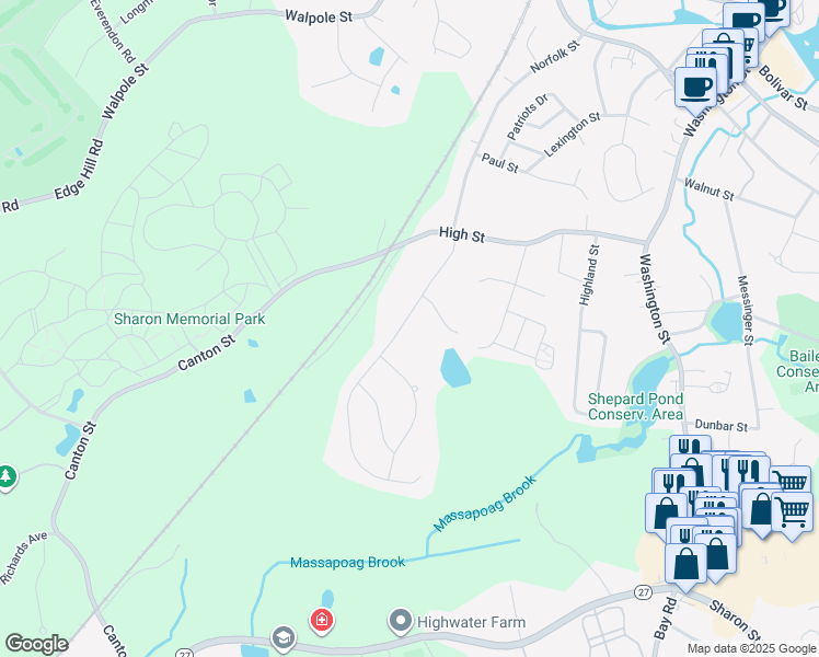 map of restaurants, bars, coffee shops, grocery stores, and more near 18 Trayer Road in Canton