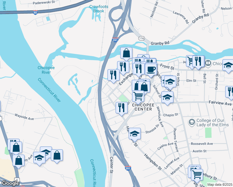 map of restaurants, bars, coffee shops, grocery stores, and more near 22 Chestnut Street in Chicopee