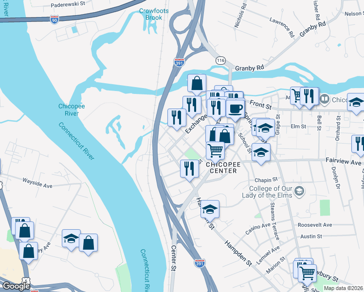 map of restaurants, bars, coffee shops, grocery stores, and more near 18 Chestnut Street in Chicopee