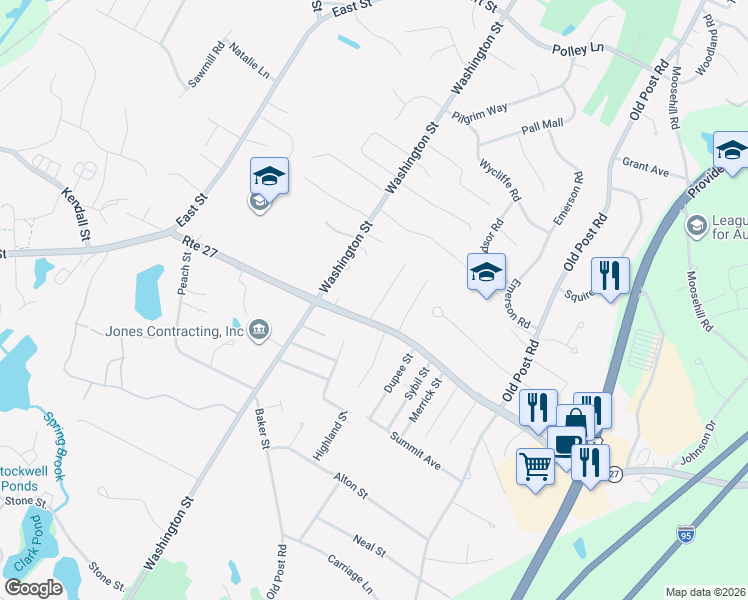map of restaurants, bars, coffee shops, grocery stores, and more near 4 Lorraine Road in Walpole