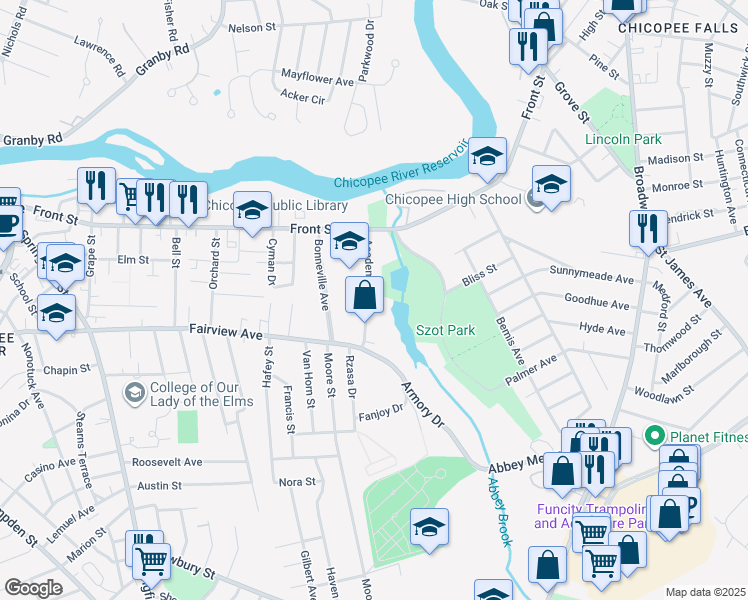 map of restaurants, bars, coffee shops, grocery stores, and more near 89 Academy Street in Chicopee