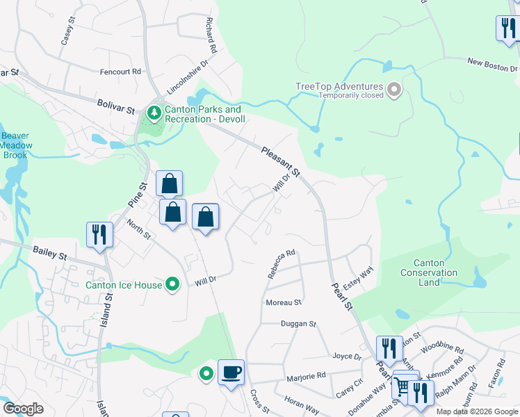 map of restaurants, bars, coffee shops, grocery stores, and more near 112 Will Drive in Canton