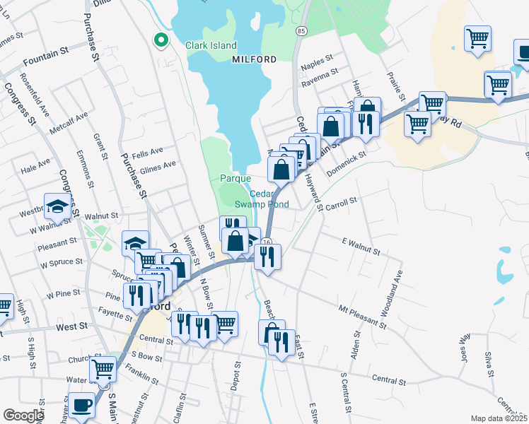 map of restaurants, bars, coffee shops, grocery stores, and more near 50 Main Street in Milford