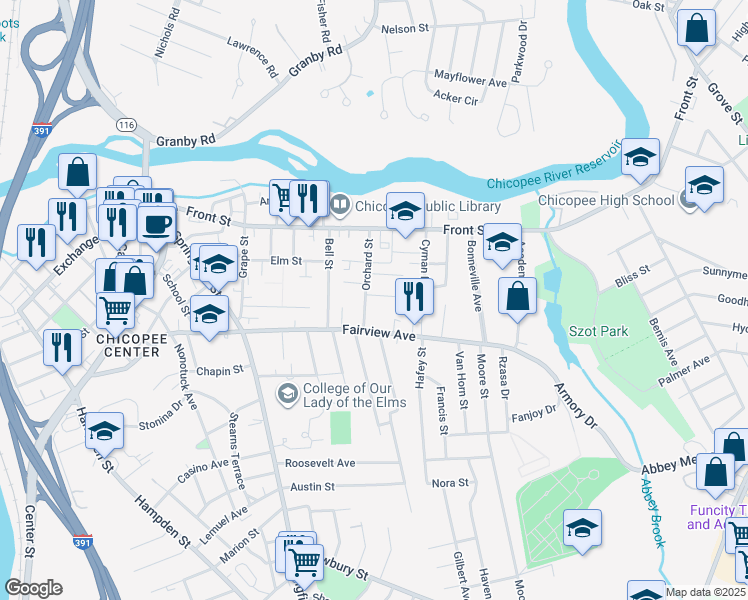 map of restaurants, bars, coffee shops, grocery stores, and more near 90 Orchard Street in Chicopee