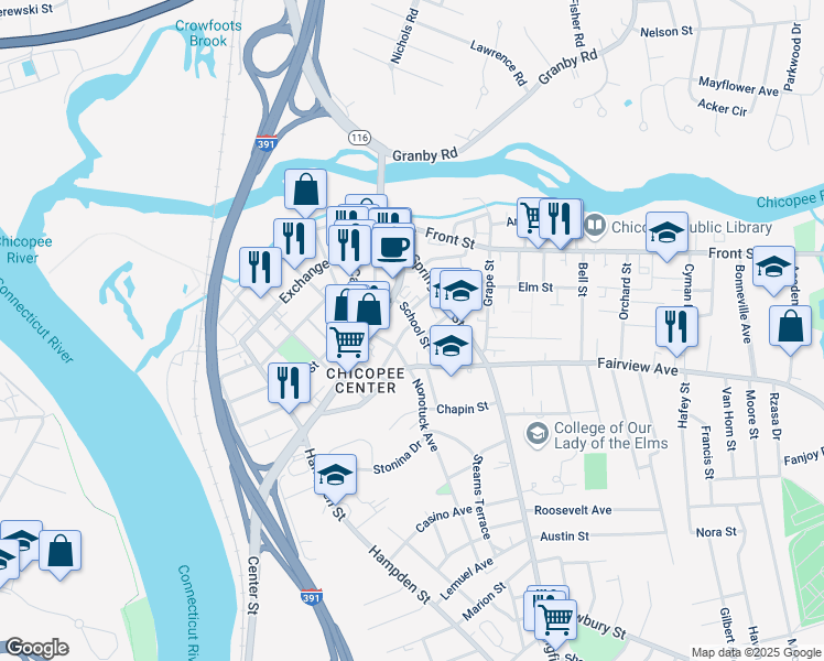 map of restaurants, bars, coffee shops, grocery stores, and more near 37 Howard Street in Chicopee