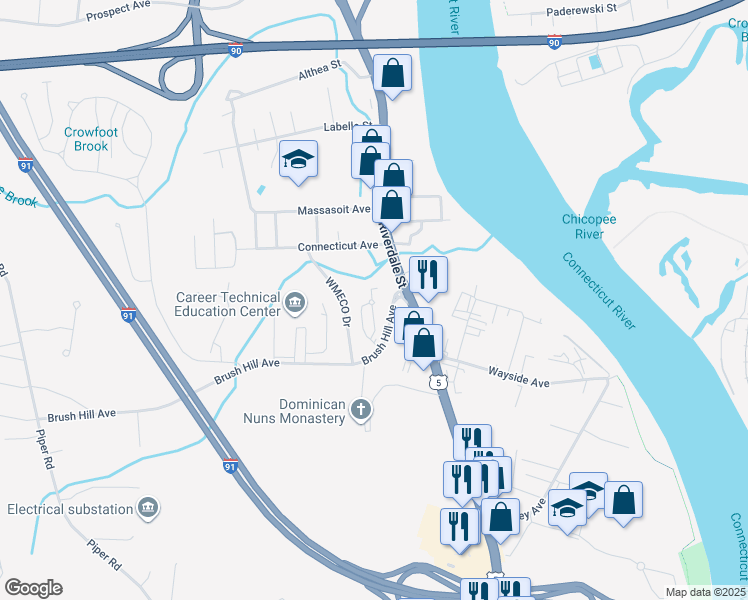 map of restaurants, bars, coffee shops, grocery stores, and more near 11 Lina Lane in West Springfield