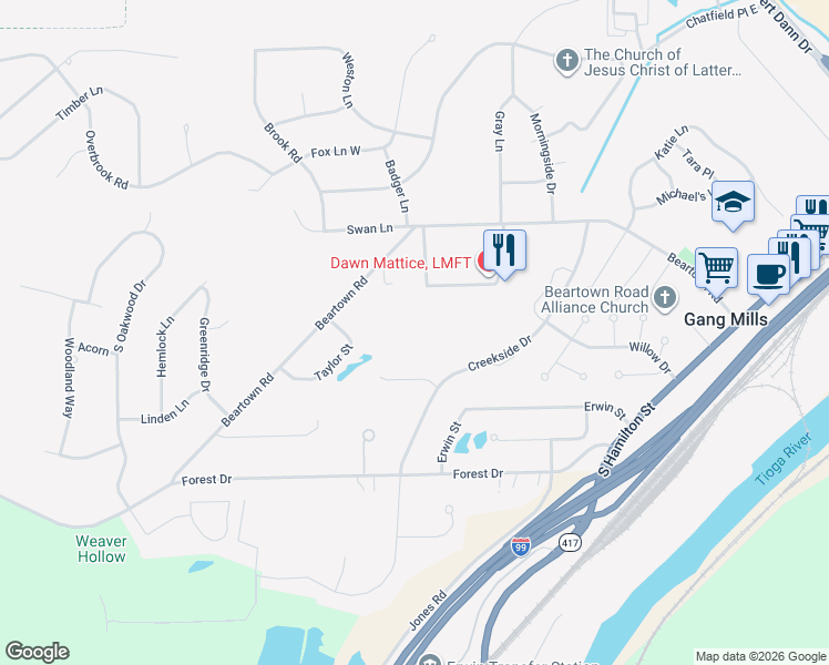 map of restaurants, bars, coffee shops, grocery stores, and more near 7 Eagle Drive in Painted Post