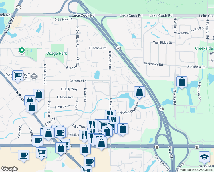 map of restaurants, bars, coffee shops, grocery stores, and more near 1759 East Canterbury Trail in Palatine