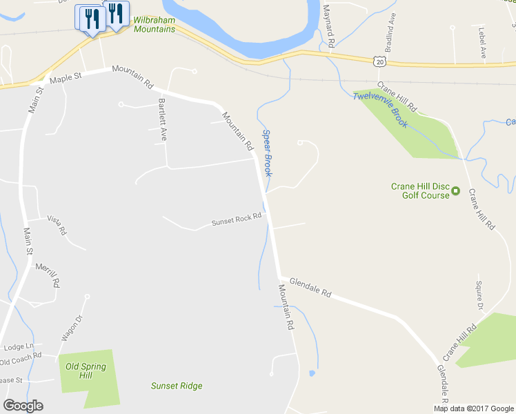 map of restaurants, bars, coffee shops, grocery stores, and more near 2 Sunset Rock Road in Wilbraham