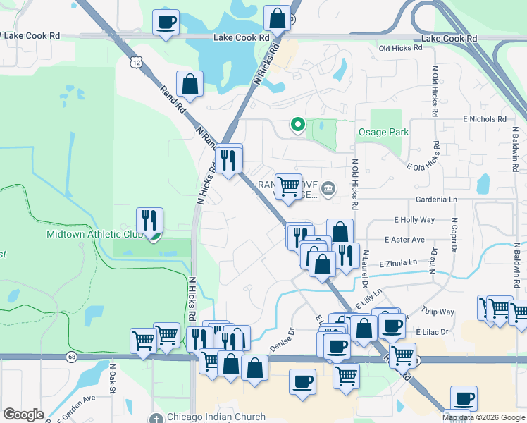 map of restaurants, bars, coffee shops, grocery stores, and more near 2018 North Rand Road in Palatine