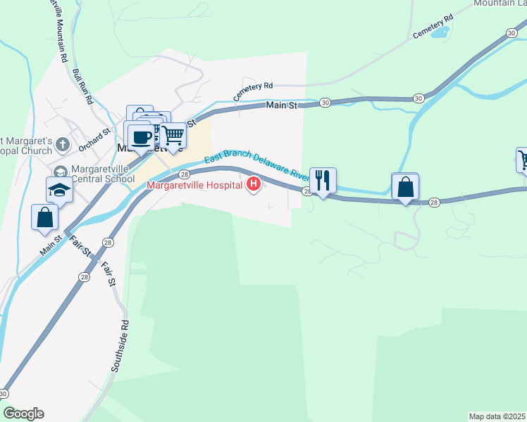 map of restaurants, bars, coffee shops, grocery stores, and more near 42158 Highway 28 in Margaretville