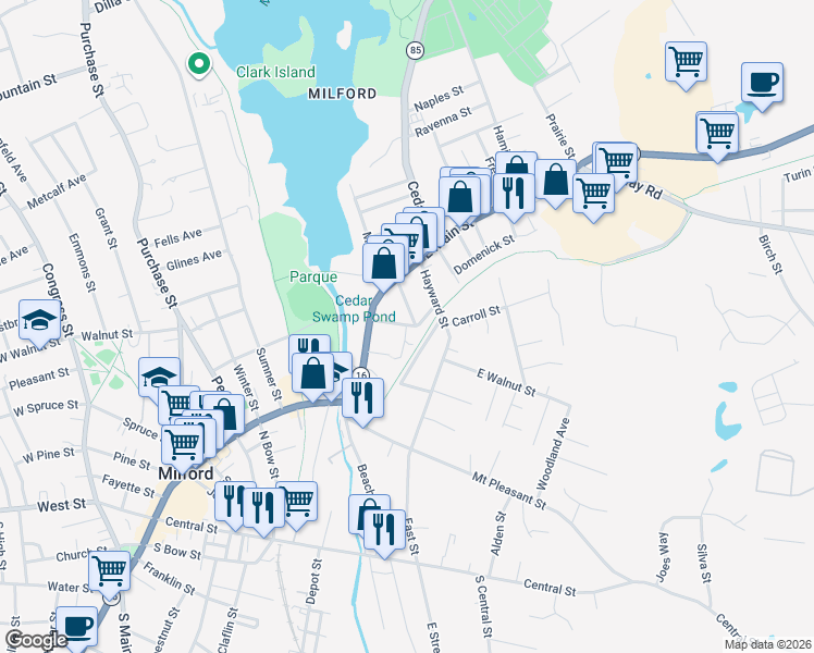 map of restaurants, bars, coffee shops, grocery stores, and more near 4 Jackson Street in Milford