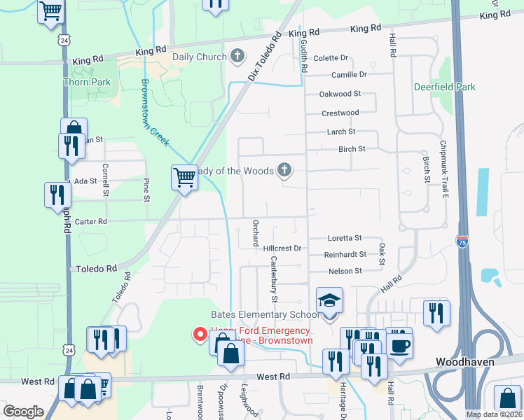 map of restaurants, bars, coffee shops, grocery stores, and more near 22606 Carter Road in Trenton