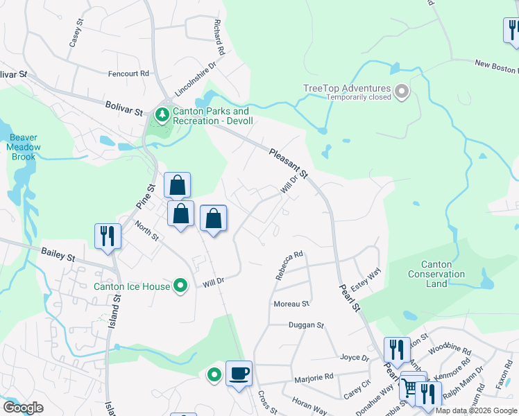 map of restaurants, bars, coffee shops, grocery stores, and more near 112 Will Drive in Canton