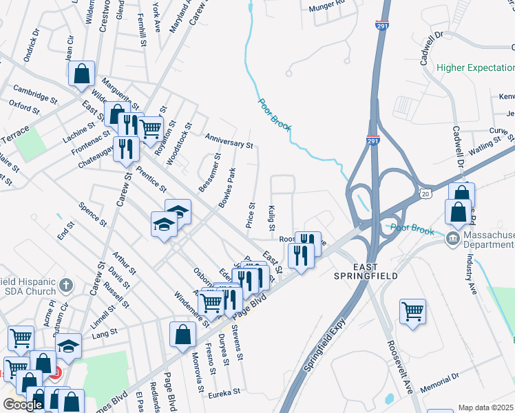 map of restaurants, bars, coffee shops, grocery stores, and more near 36 Kulig Street in Springfield