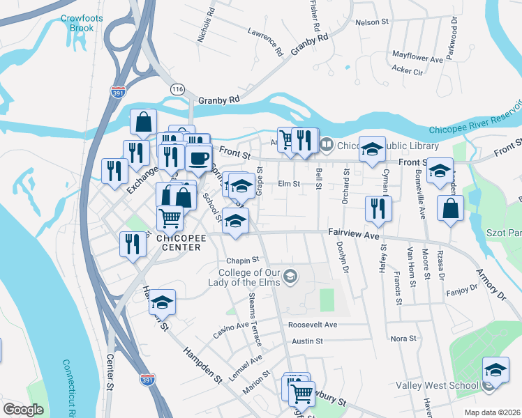 map of restaurants, bars, coffee shops, grocery stores, and more near 20 Auburn Street in Chicopee