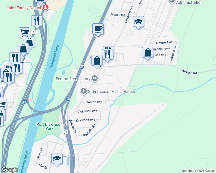map of restaurants, bars, coffee shops, grocery stores, and more near 39 Franklin Avenue in Binghamton