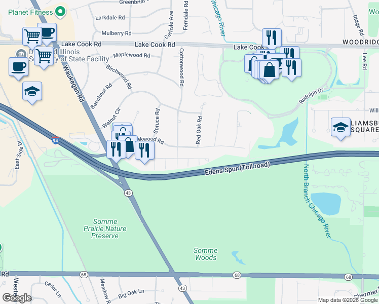 map of restaurants, bars, coffee shops, grocery stores, and more near 1711 Koehling Road in Northbrook