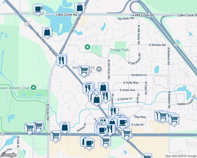 map of restaurants, bars, coffee shops, grocery stores, and more near 737 East Rand Grove Lane in Palatine