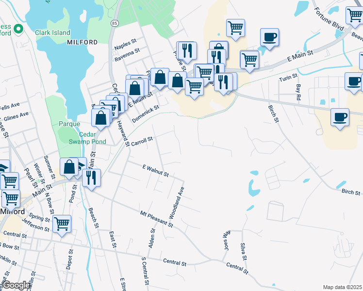 map of restaurants, bars, coffee shops, grocery stores, and more near 15 Lena Lane in Milford