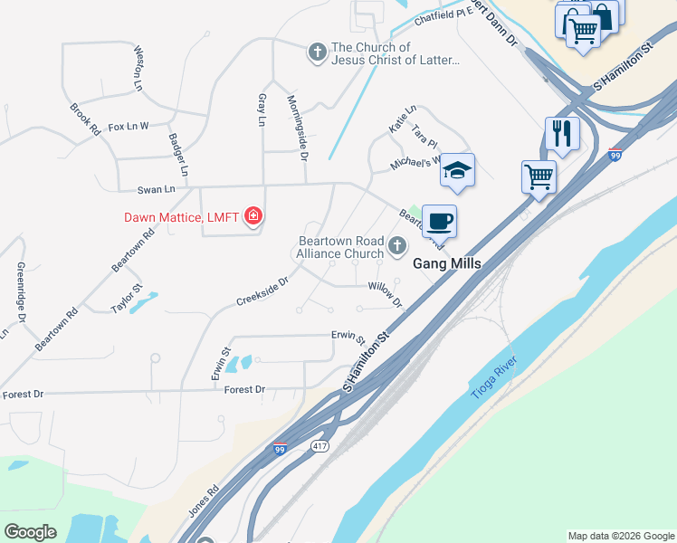 map of restaurants, bars, coffee shops, grocery stores, and more near 24 Willow Drive in Painted Post