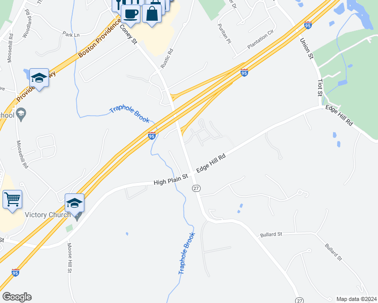 map of restaurants, bars, coffee shops, grocery stores, and more near 353 Norwood Street in Sharon