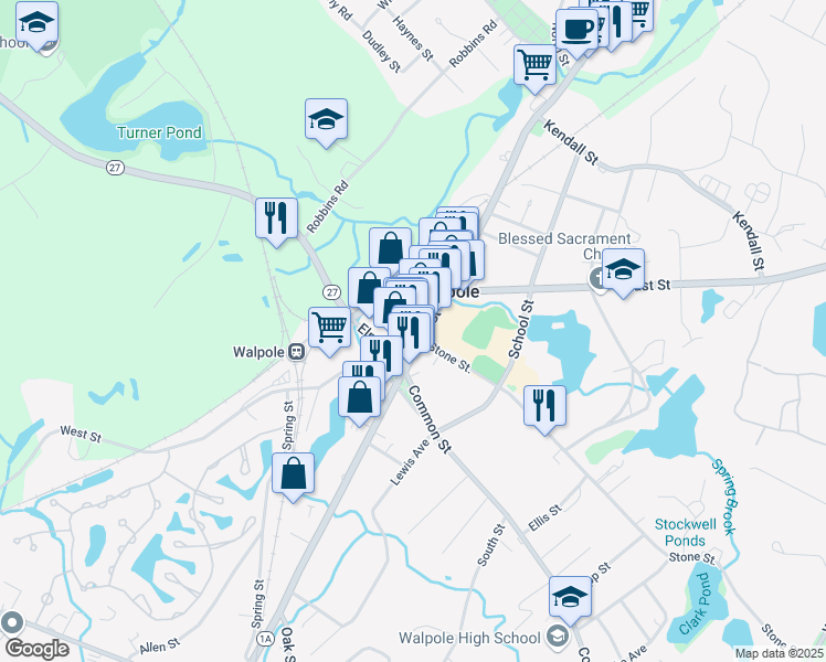map of restaurants, bars, coffee shops, grocery stores, and more near 1 West Street in Walpole