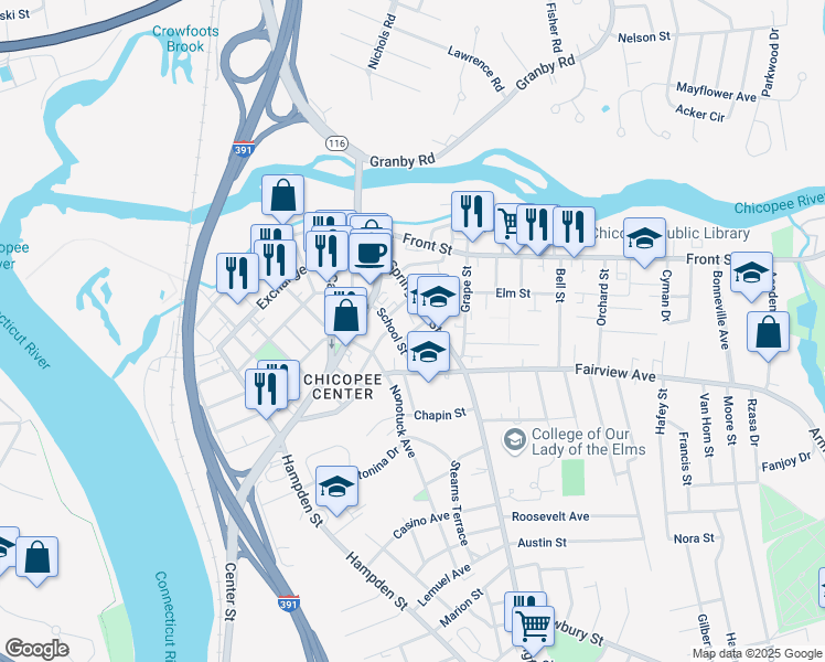 map of restaurants, bars, coffee shops, grocery stores, and more near 37 Howard St in Chicopee