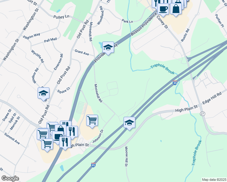 map of restaurants, bars, coffee shops, grocery stores, and more near 1100 Cricket Lane in Walpole