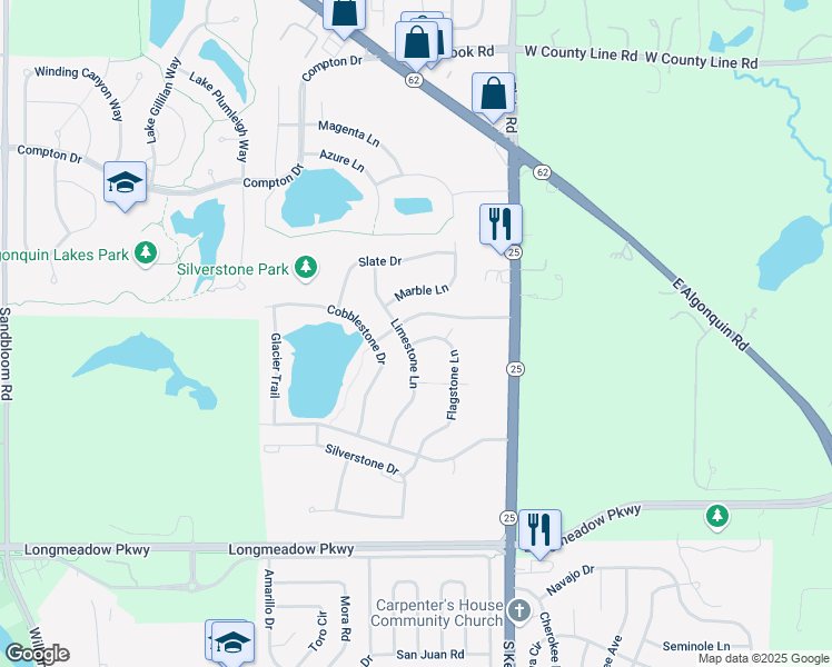 map of restaurants, bars, coffee shops, grocery stores, and more near 2078 Limestone Lane in Carpentersville