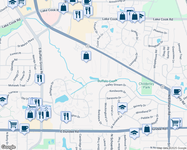 map of restaurants, bars, coffee shops, grocery stores, and more near 561 Fairway View Drive in Wheeling