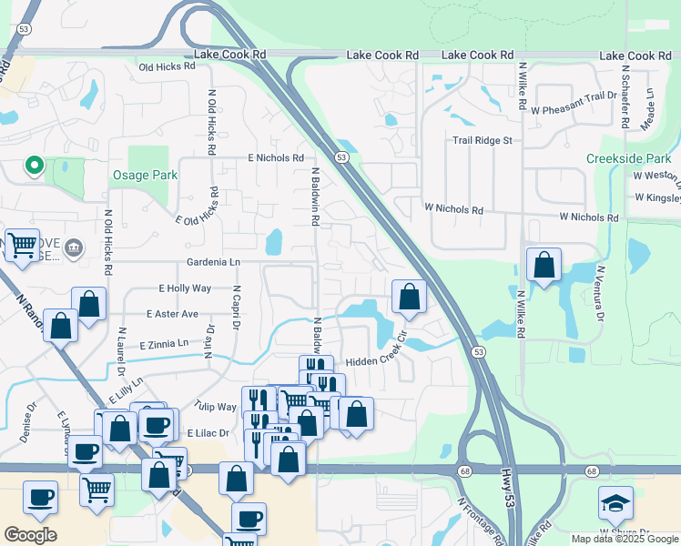 map of restaurants, bars, coffee shops, grocery stores, and more near 1261 North Wind River Terrace in Palatine