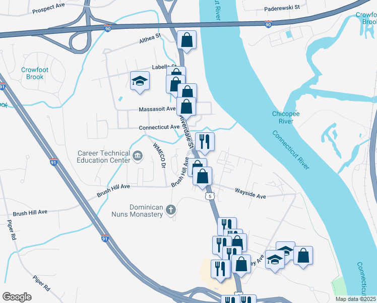 map of restaurants, bars, coffee shops, grocery stores, and more near 33 Brush Hill Avenue in West Springfield