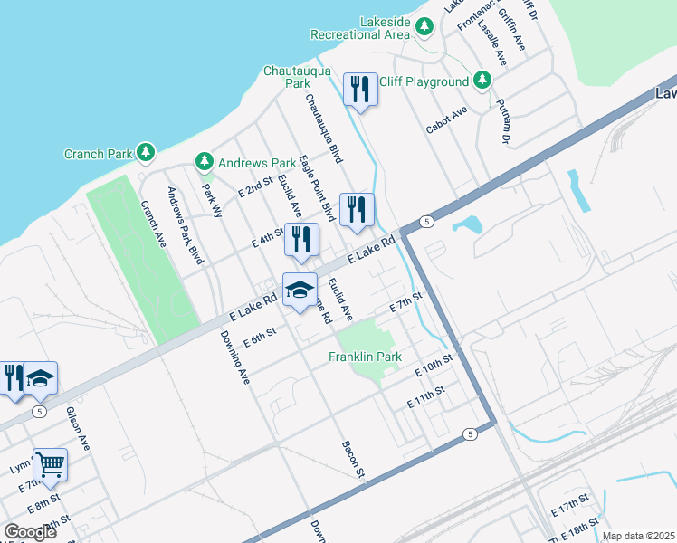 map of restaurants, bars, coffee shops, grocery stores, and more near 2009 East Lake Road in Erie