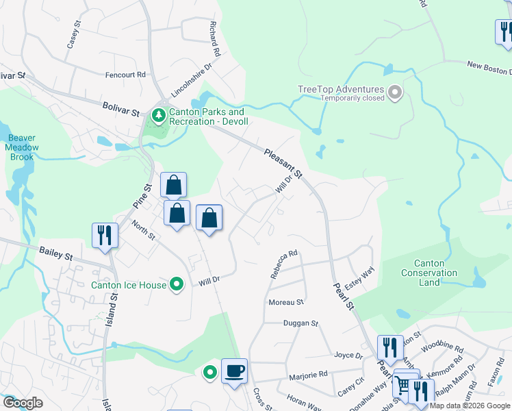map of restaurants, bars, coffee shops, grocery stores, and more near 112 Will Drive in Canton