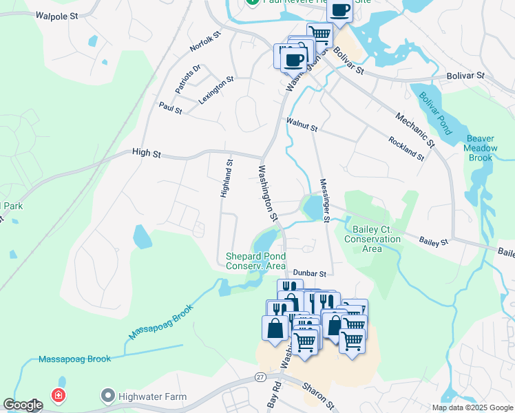 map of restaurants, bars, coffee shops, grocery stores, and more near 258 Washington Street in Canton