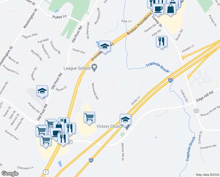 map of restaurants, bars, coffee shops, grocery stores, and more near 1100 Cricket Lane in Walpole