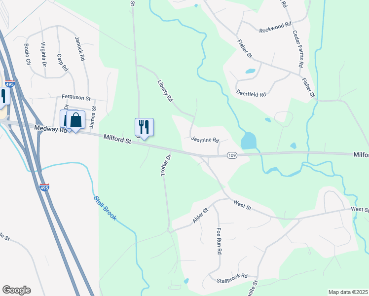 map of restaurants, bars, coffee shops, grocery stores, and more near 113 Milford Street in Medway