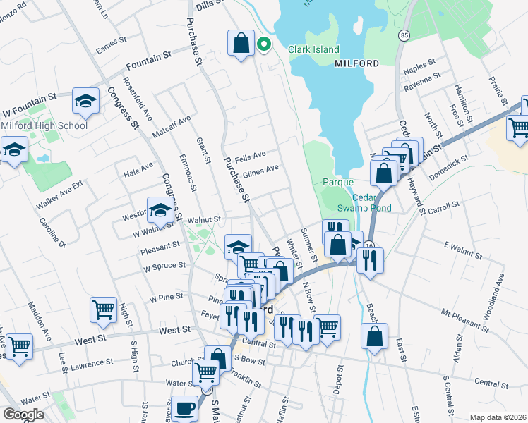 map of restaurants, bars, coffee shops, grocery stores, and more near 2-4 Lincoln Street in Milford
