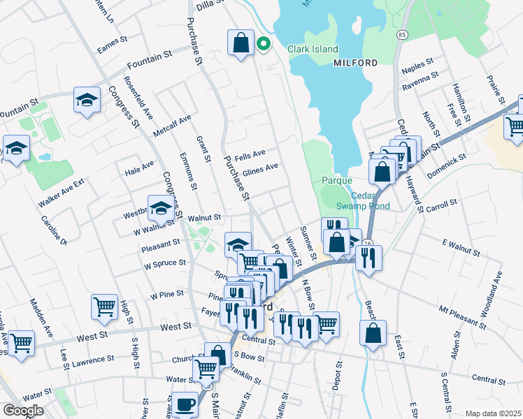 map of restaurants, bars, coffee shops, grocery stores, and more near 51 Pearl Street in Milford