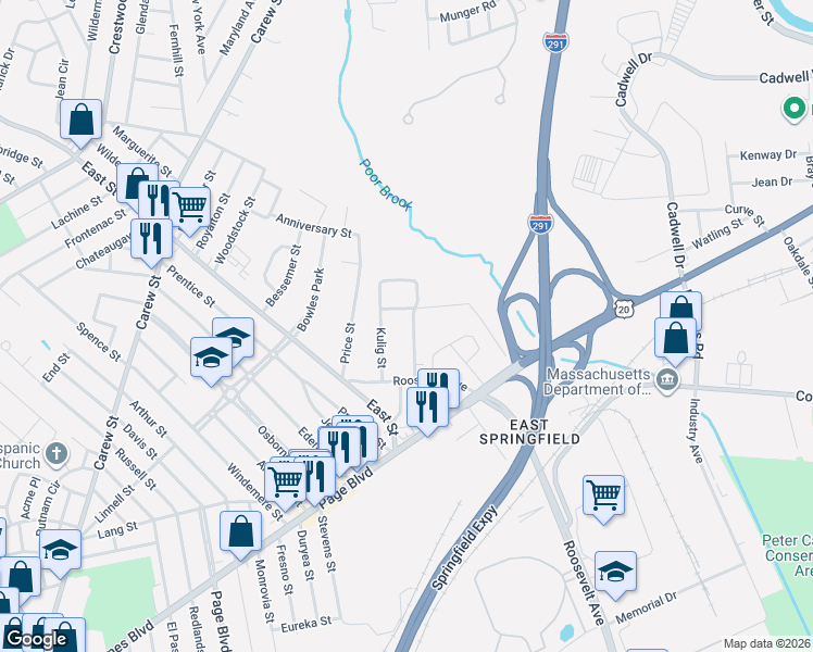 map of restaurants, bars, coffee shops, grocery stores, and more near 40 Santa Maria Street in Springfield